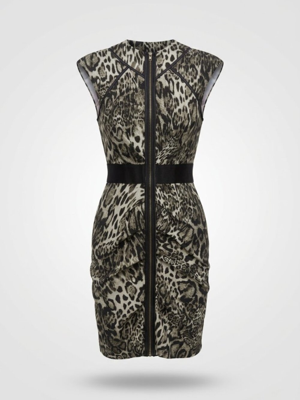 Black Sleeveless Leopard Zip Up Front Dress, Bebe Size S